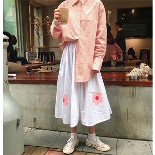 Flower Print Midi A-line Skirt White - One Size