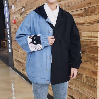 Cat Print Panel Color Panel Hooded Jacket