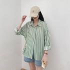 Two Tone Striped Button-up Oversize Shirt Stripe - Green - One Size