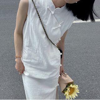 Sleeveless Frog Buttoned Midi A-line Dress
