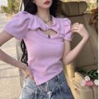 Puff-sleeve Shirred Cutout Blouse