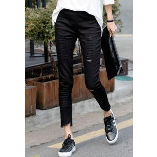 Band-waist Distressed Slim Fit Pants