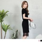 Short Sleeve Lace Panel Drawstring Waist Dress