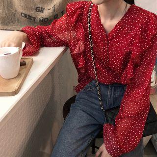 V-neck Dotted Blouse Maroon - One Size