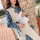 Set: Long-sleeve Polka Dot A-line Midi Dress + Long Knit Vest