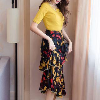 Set: Short-sleeve T-shirt + Leaf Print A-line Skirt