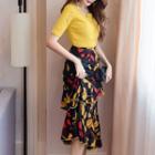 Set: Short-sleeve T-shirt + Leaf Print A-line Skirt