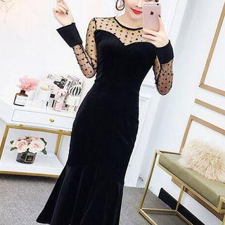 Long-sleeve Sheer Panel Mermaid Midi Dress