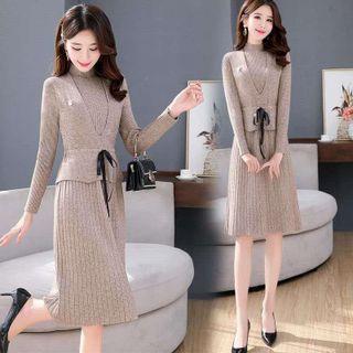 Set: Long-sleeve Knit Pleated Dress + Sweater Vest