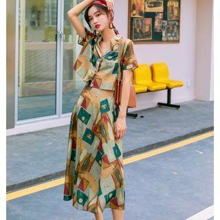 Printed Short-sleeve Cropped Blouse / Midi A-line Skirt / Set