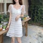 Square-neck Puff-sleeve Mesh Lace Dress