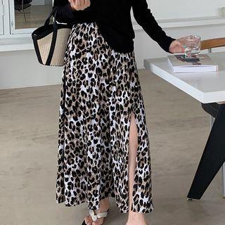 Leopard Print Slit Knit Maxi A-line Skirt