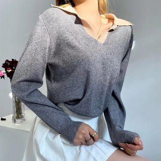 Long Sleeve Contrast-trim Loose-fit Polo Sweater