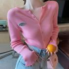 Long-sleeve Plain Knit Cardigan Pink - F
