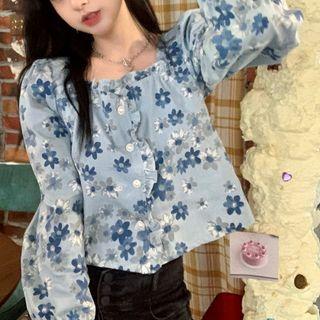 Square-neck Floral Puff-sleeve Blouse