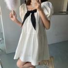 Puff-sleeve Bow Accent Mini Shift Dress
