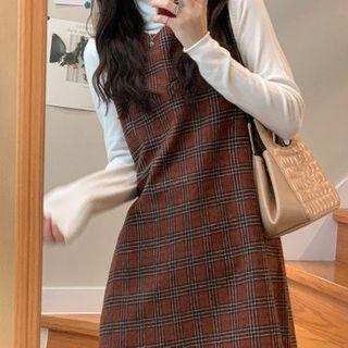 Long-sleeve Turtleneck Top / Plaid Mini A-line Overall Dress