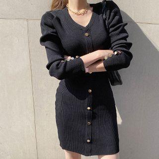 V-neck Button-trim Rib-knit Dress