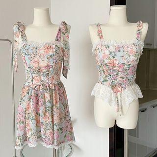 Spaghetti-strap Floral Mini A-line Dress / Camisole Top