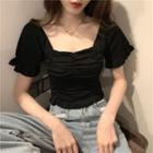 Shirred-front Short-sleeve Cropped Knit Top