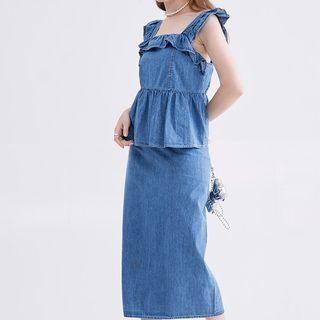 Set: Ruffle Denim Camisole Top + Midi Pencil Skirt