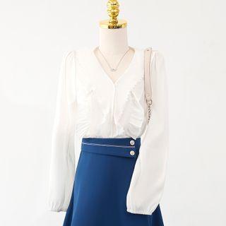 V-neck Plain Lace Ruffle Chiffon Button-up Shirt