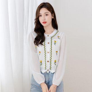 Floral Embroidered Knit Light Jacket White - One Size