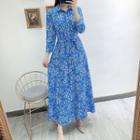 3/4-sleeve Floral Print Midi Shirtdress