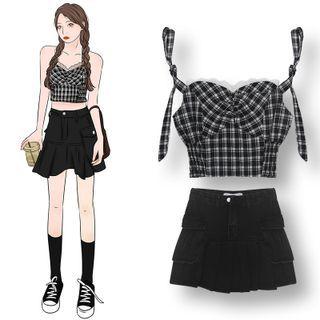 Plaid Camisole Top / Denim Skirt