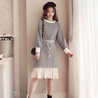Houndstooth Long-sleeve Mesh Panel A-line Dress