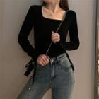 Long-sleeve Square-neck Drawstring Fitted Top