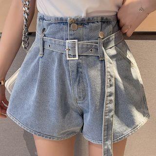 Set: Short-sleeve Plain T-shirt + High-waist Denim Shorts
