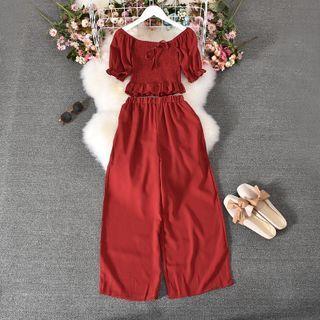 Set: Short-sleeve Frill Trim Crop Top + Wide Leg Pants