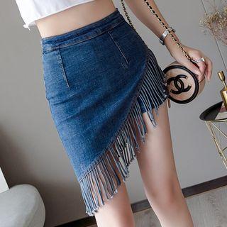 Asymmetric Fringed Mini Denim Skorts