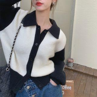 Two-tone Collared Cardigan Black & White - One Size