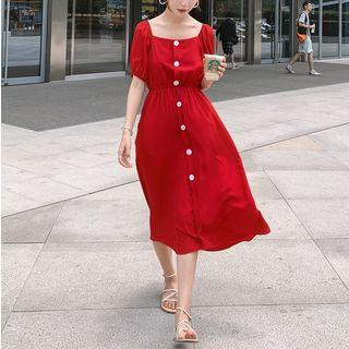 Short-sleeve Square-neck Buttoned Dress