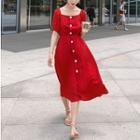 Short-sleeve Square-neck Buttoned Dress