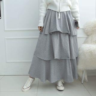 Band-waist Tiered-hem Long Skirt