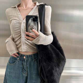 Long-sleeve V-neck Shirred Slim-fit Top