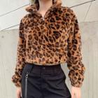 Leopard Print Furry Half-zip Cropped Pullover