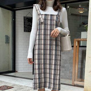 Long-sleeve Turtleneck T-shirt / Spaghetti Strap Plaid Midi Dress