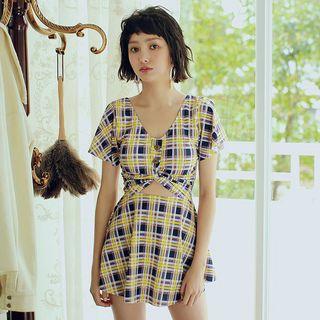 Set: Short-sleeve Plaid Swim Top + Swim Skirt