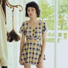 Set: Short-sleeve Plaid Swim Top + Swim Skirt