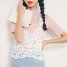 Set: Short-sleeve Mock Neck T-shirt + Lace Camisole Top