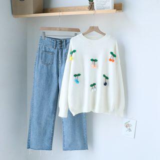 Cherry Sweater / Wide Leg Jeans