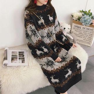 Mock-neck Patterned Long-sleeve Midi Knitted Dress