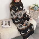 Mock-neck Patterned Long-sleeve Midi Knitted Dress