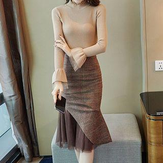 Set: Mock-neck Flared-cuff Knit Top + Plaid Mermaid Skirt