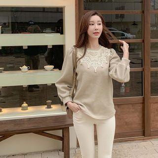 Lace & Faux-pearl Trim Shirred Top