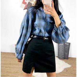 Balloon-sleeve Dual-pocket Plaid Shirt